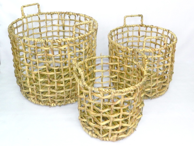 Refined Water Hyacinth Open Weave Storage Baskets with Handles